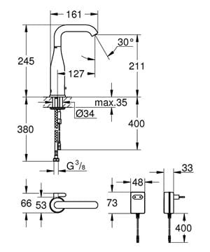 GROHE ESSENCE E umývadlová senzorová batéria s reguláciou teploty, napájanie zo siete, chróm 36444000 Technický nákres
