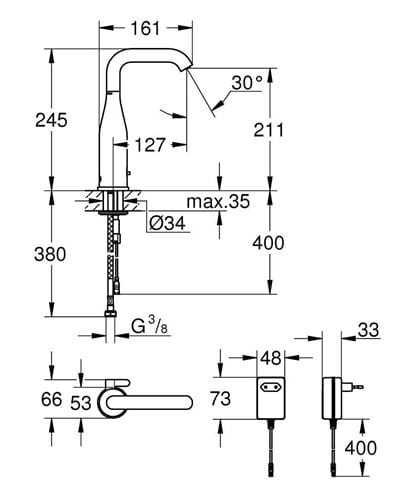 GROHE ESSENCE E umývadlová senzorová batéria s reguláciou teploty, napájanie zo siete, chróm 36444000 Technický nákres