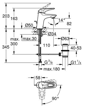 GROHE EUROSTYLE umývadlová stojanková batéria, s odtokovou súpravou, SilkMove ES, mesačná biela/chróm 23374LS3 Technický nákres