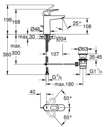 GROHE BAULOOP umývadlová stojanková batéria, s odtokovou súpravou, chróm 23762000 Technický nákres
