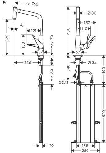 HANSGROHE METRIS M71 drezová batéria, s vyťahovacou sprškou, sBox, chróm 73801000 Technický nákres
