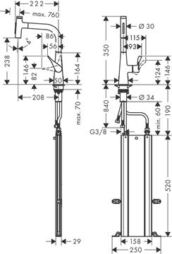 HANSGROHE METRIS SELECT M71 drezová batéria, s vyťahovacou sprškou, sBox, chróm 73817000 Technický nákres