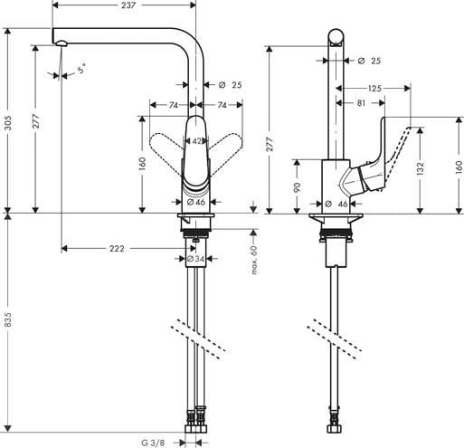HANSGROHE FOCUS M41 drezová batéria, matná čierna 31817670 Technický nákres