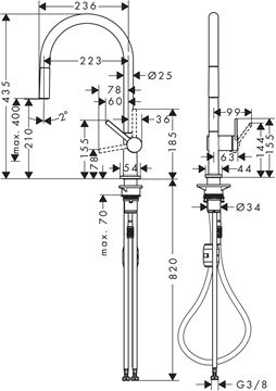 HANSGROHE TALIS M54 drezová batéria, s vyťahovacou koncovkou, matná čierna 72802670 Technický nákres