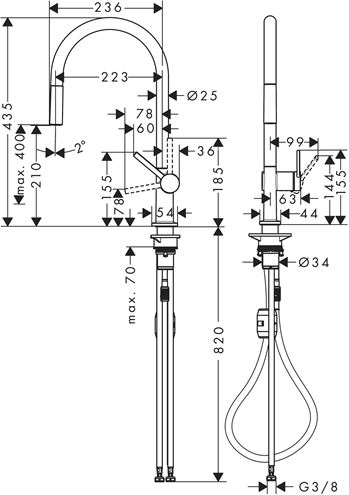 HANSGROHE TALIS M54 drezová batéria, s vyťahovacou koncovkou, matná čierna 72802670 Technický nákres