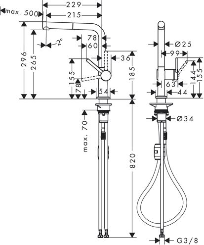 HANSGROHE TALIS M54 drezová batéria, s vyťahovacou koncovkou, chróm 72808000 Technický nákres
