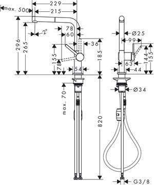 HANSGROHE TALIS M54 drezová batéria, s vyťahovacou koncovkou, matná čierna 72808670 Technický nákres