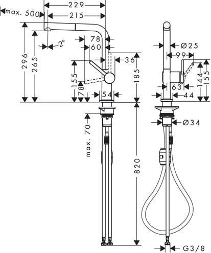 HANSGROHE TALIS M54 drezová batéria, s vyťahovacou koncovkou, matná čierna 72808670 Technický nákres