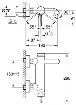 GROHE ESSENCE NEW vaňová nástenná batéria, s prepínačom, supersteel 33624DC1 Technický nákres