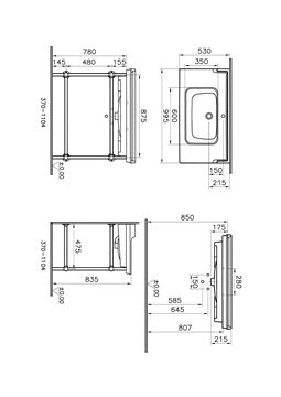 VITRA VALARTE VANITY umývadlo 100 cm, s otvorom pre batériu a prepadom, s kovovým podstavcom, VitrAhygiene 7803B003-6175 Technický nákres