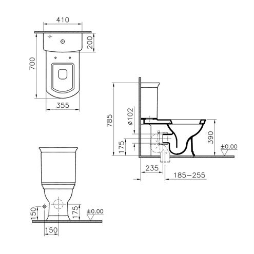 VITRA VALARTE WC kombi nádržka, bočný prívod vody 4161B003-1620 Technický nákres