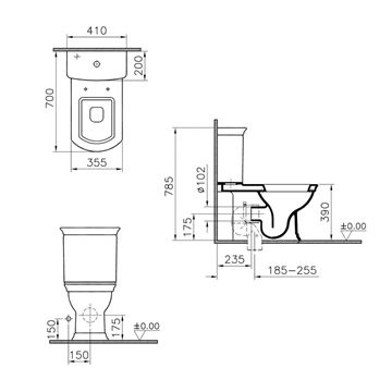 VITRA VALARTE WC kombi nádržka, bočný prívod vody 4161B003-1620 Technický nákres