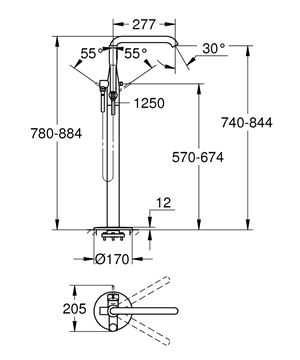GROHE ESSENCE NEW vaňová batéria na podlahu, s prepínačom, so sprchovou súpravou, cool sunrise 23491GL1 Technický nákres