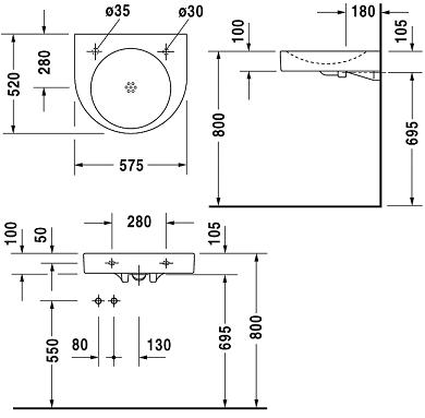 DURAVIT ARCHITEC umývadlo 57,5 cm, bez prepadu 0443580000 Technický nákres