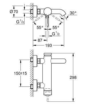 GROHE ESSENCE NEW vaňová nástenná batéria, s prepínačom, brúsený hard graphite 33624AL1 Technický nákres