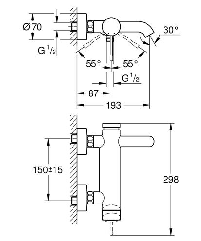 GROHE ESSENCE NEW vaňová nástenná batéria, s prepínačom, brúsený hard graphite 33624AL1 Technický nákres