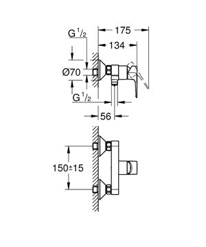 GROHE BAULOOP sprchová nástenná batéria, chróm 23633001 Technický nákres