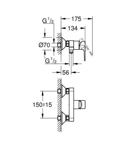 GROHE BAULOOP sprchová nástenná batéria, chróm 23633001 Technický nákres