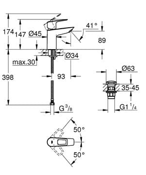 GROHE BAULOOP umývadlová stojanková batéria, s odtokovou súpravou, chróm 23878001 Technický nákres