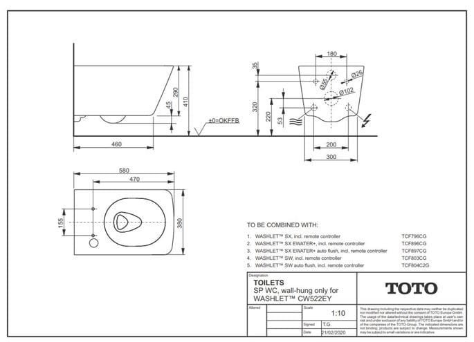 CONCEPT 200 WASHLET závesné WC s bidetovým sedadlom, Rimless, hranaté 522EY-CON-WC-S+896CG Technický nákres