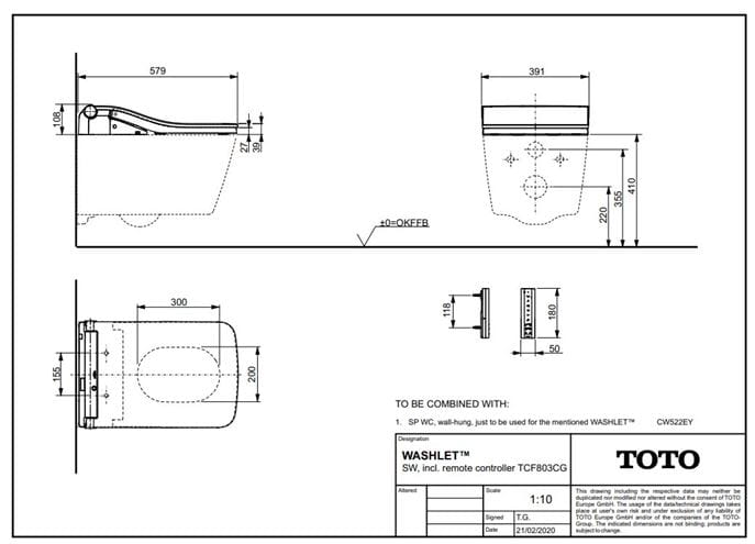 CONCEPT 300 WASHLET závesné WC s bidetovým sedadlom, Rimless, hranaté 522EY-CON-WC-S+803CG Technický nákres