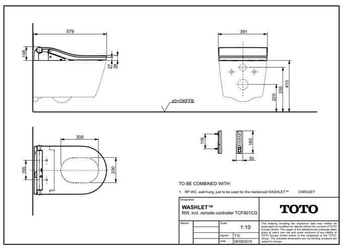 CONCEPT 300 WASHLET závesné WC s bidetovým sedadlom, Rimless, okrúhle 542EY-CON-WC-R+801CG Technický nákres