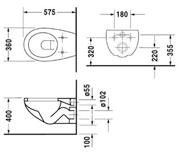 DURAVIT DURAPLUS COLOMBA závesné WC 2547090000 Technický nákres