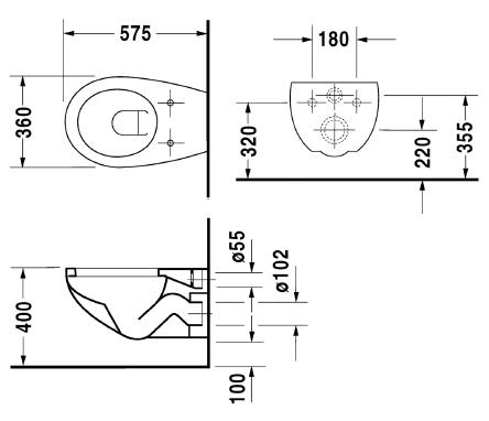DURAVIT DURAPLUS COLOMBA závesné WC 2547090000 Technický nákres
