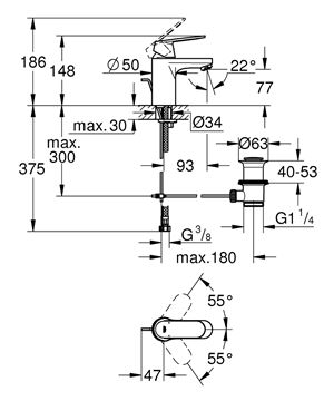 GROHE EUROSMART COSMOPOLITAN umývadlová stojanková batéria, s odtokovou súpravou, chróm 3282500E Technický nákres