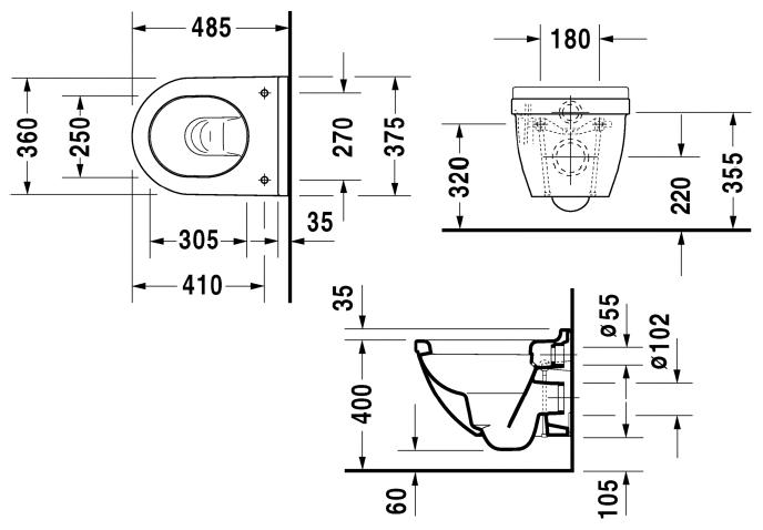 DURAVIT STARCK 3 závesné WC, WonderGliss 22270900001 Technický nákres