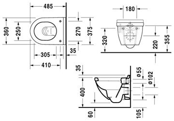 DURAVIT STARCK 3 závesné WC, WonderGliss 22270900001 Technický nákres