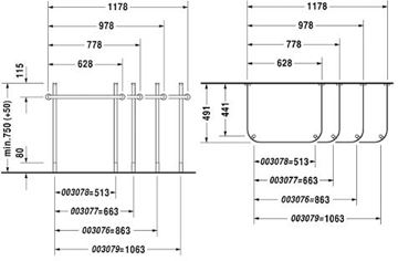 DURAVIT HAPPY D.2 kovový podstavec 513x491x750-800mm, pre umývadlo, chróm 0030781000 Technický nákres