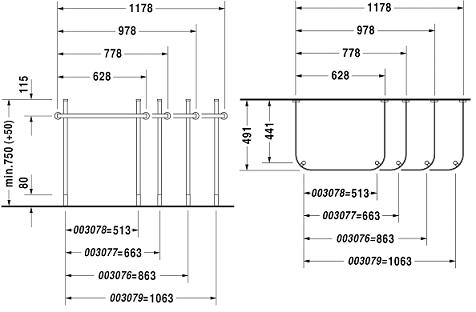 DURAVIT HAPPY D.2 kovový podstavec 513x491x750-800mm, pre umývadlo, chróm 0030781000 Technický nákres