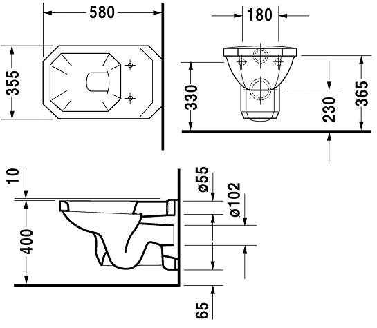 DURAVIT 1930 závesné WC 0182090000 Technický nákres