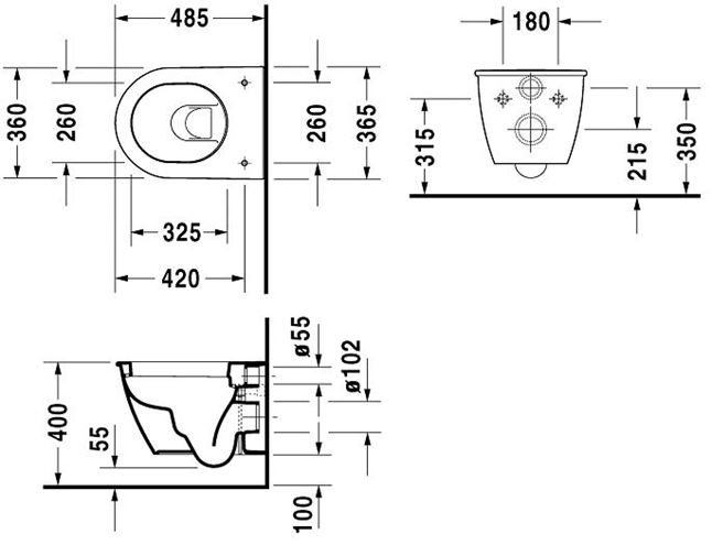 DURAVIT DARLING NEW závesné WC 2549090000 Technický nákres