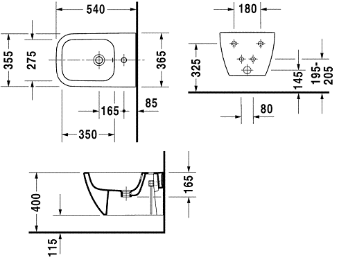 DURAVIT HAPPY D.2 závesný bidet 2258150000 Technický nákres