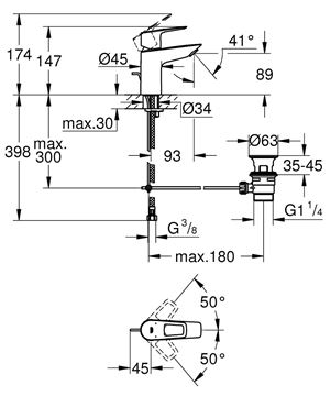 GROHE BAULOOP umývadlová stojanková batéria, s odtokovou súpravou, chróm 23335001 Technický nákres