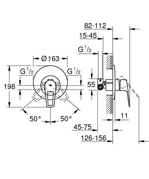GROHE BAULOOP sprchová batéria 163mm, pod omietku, páková, vrátane podomietkového telesa, chróm 29080001 Technický nákres
