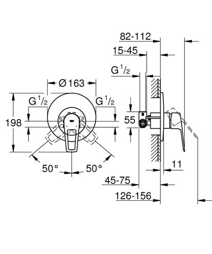 GROHE BAULOOP sprchová batéria 163mm, pod omietku, páková, vrátane podomietkového telesa, chróm 29080001 Technický nákres
