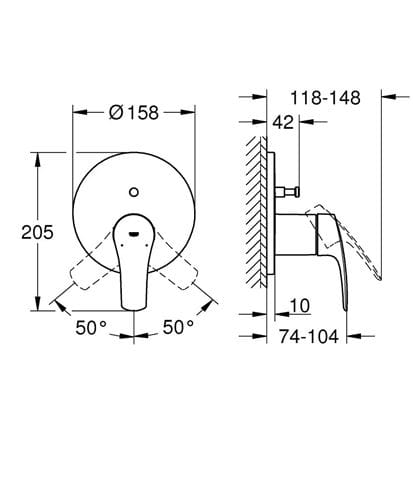 GROHE EUROSMART vaňová podomietková batéria, s prepínačom, chróm 24043003 Technický nákres