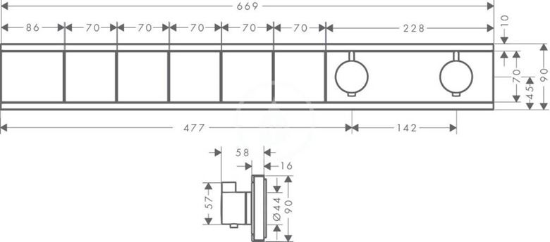HANSGROHE RAINSELECT podomietková termostatická batéria, pre 5 spotrebičov, s držiakom hadice, matná biela 15384700 Technický nákres