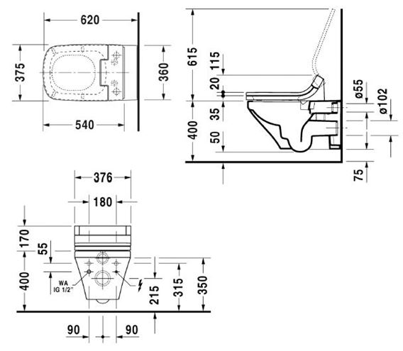 DURAVIT DURASTYLE závesné WC pre bidetové sedadlo SensoWash, Rimless splachovanie 2542590000 Technický nákres