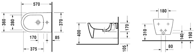 DURAVIT ME BY STARCK závesný bidet 2288150000 Technický nákres