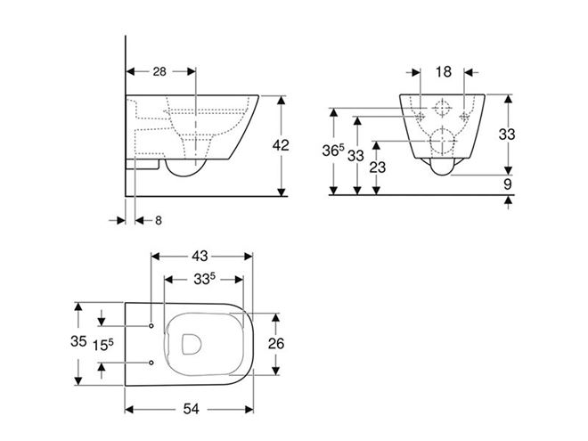 GEBERIT SMYLE SQUARE závesné WC, Rimfree splachovanie 500.208.01.1 Technický nákres