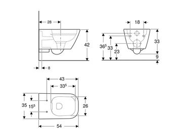 GEBERIT SMYLE SQUARE závesné WC, Rimfree splachovanie 500.208.01.1 Technický nákres