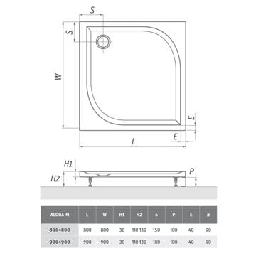 ROTH ALOHA-M sprchová vanička 90x90 cm, liaty mramor, s nožičkami, s protišmykom 8000154 Technický nákres