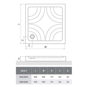 ROTH COLA-P sprchová vanička 90x90 cm, akrylát, s nosičom 8000023 Technický nákres