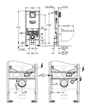 GROHE RAPID SLX montážny prvok pre WC 113 cm, so splachovacou nádržkou 39598000 Technický nákres