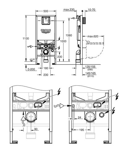 GROHE RAPID SLX montážny prvok pre WC 113 cm, so splachovacou nádržkou 39598000 Technický nákres