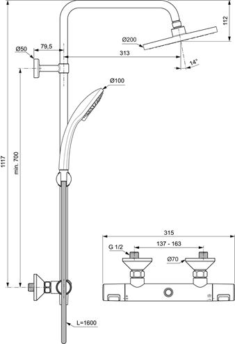 IDEAL STANDARD CERATHERM sprchový set s termostatickou batériou, horná sprcha, ručná sprcha s 3 prúdmi, tyč, hadica, chróm A7208AA Technický nákres